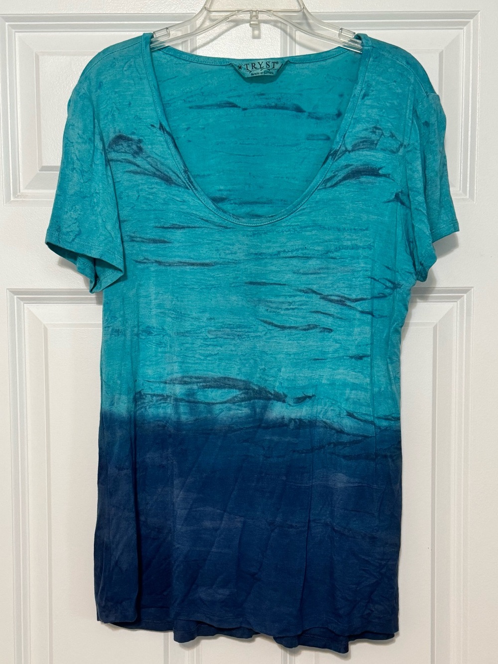 Tryst Jade Navy Ombré Tie Dye V-neck Boho Relaxed Fit Short Sleeve Shirt Medium